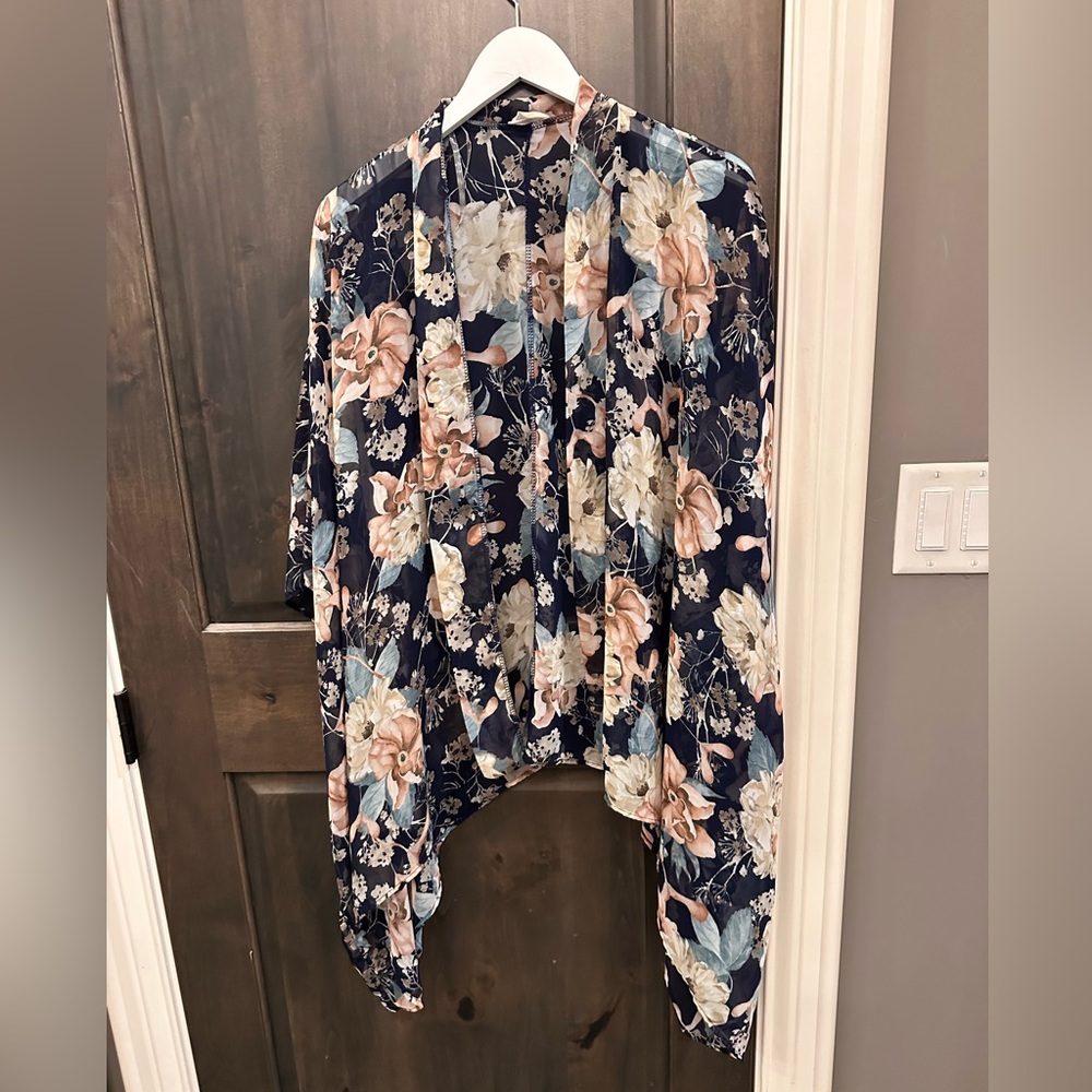 Navy Kimono with tan and blush flowers